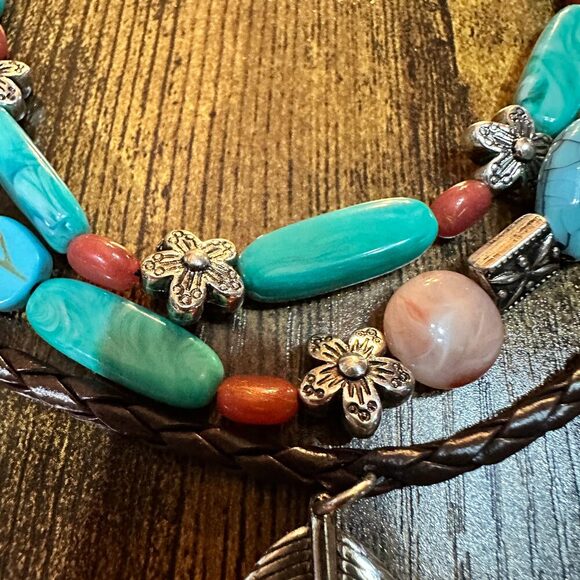 Turquoise‎ Feather Southwestern Boho Multi Necklace and Earrings Set - Picture 5 of 11